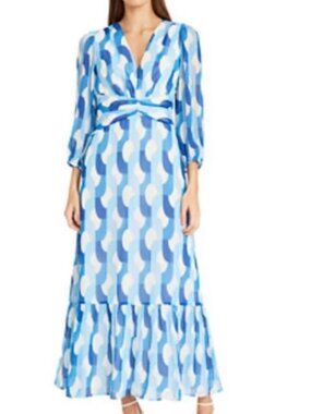 Donna Morgan Blue Geo-Print Maxi Dress V-Neck 3/4 Sleeve Wave Print Boho Resort